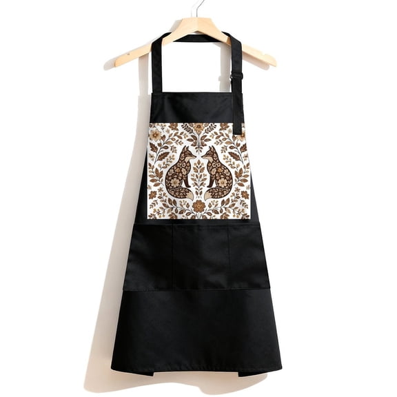 RKSupls Waterproof Bib Apron with 3 Pockets, Folk Art Foxes With Florals Adjustable Neck Strap Soft Polyester Water Resistant Apron for Kitchen Restaurant Home Use
