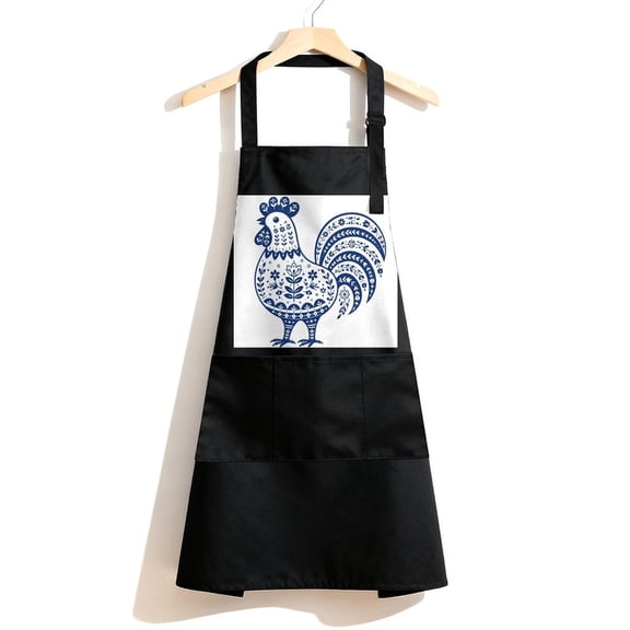 RKSupls Waterproof Bib Apron with 3 Pockets, Folk Art Rooster With Floral Motifs Adjustable Neck Strap Soft Polyester Water Resistant Apron for Kitchen Restaurant Home Use