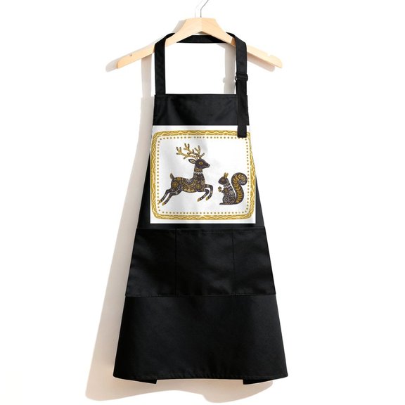 RKSupls Waterproof Bib Apron with 3 Pockets, Folk Deer And Squirrel Adjustable Neck Strap Soft Polyester Water Resistant Apron for Kitchen Restaurant Home Use