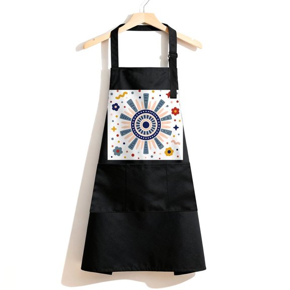 RKSupls Waterproof Bib Apron with 3 Pockets, Geometric Sunburst with Flowers Adjustable Neck Strap Soft Polyester Water Resistant Apron for Kitchen Restaurant Home Use