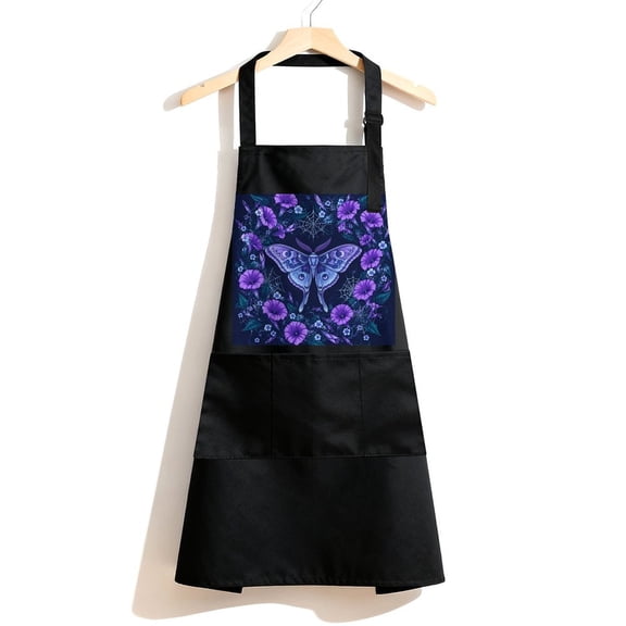RKSupls Waterproof Bib Apron with 3 Pockets, Gothic Moth with Purple Flowers Adjustable Neck Strap Soft Polyester Water Resistant Apron for Kitchen Restaurant Home Use