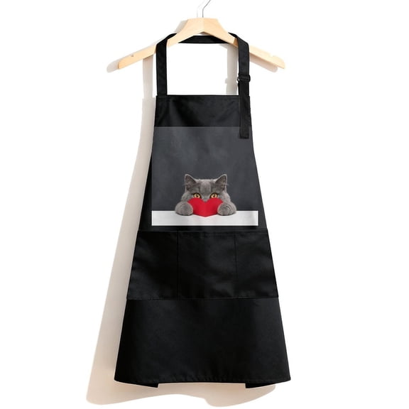 RKSupls Waterproof Bib Apron with 3 Pockets, Gray Cat Peeking Behind Red Heart Adjustable Neck Strap Soft Polyester Water Resistant Apron for Kitchen Restaurant Home Use