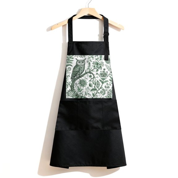 RKSupls Waterproof Bib Apron with 3 Pockets, Green Owl Toile Adjustable Neck Strap Soft Polyester Water Resistant Apron for Kitchen Restaurant Home Use