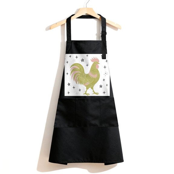 RKSupls Waterproof Bib Apron with 3 Pockets, Green Rooster Starry Sky Adjustable Neck Strap Soft Polyester Water Resistant Apron for Kitchen Restaurant Home Use