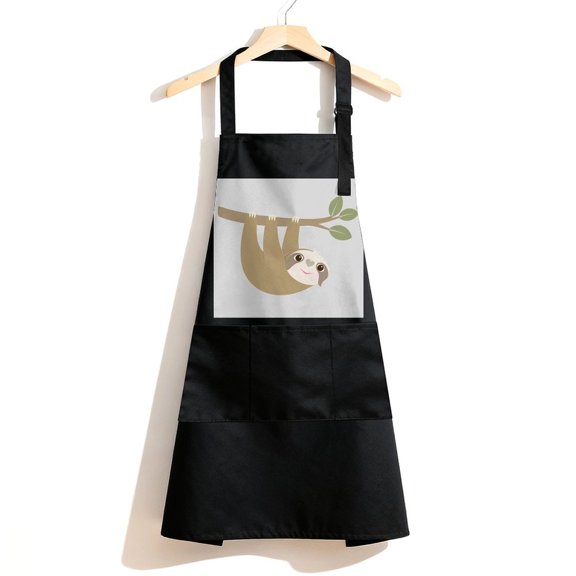 RKSupls Waterproof Bib Apron with 3 Pockets, Hanging Sloth On Branch Adjustable Neck Strap Soft Polyester Water Resistant Apron for Kitchen Restaurant Home Use