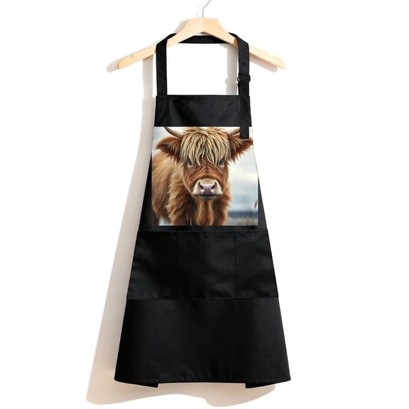 RKSupls Waterproof Bib Apron with 3 Pockets, Highland Cow Fluffy Farm Animal 167 Adjustable Neck Strap Soft Polyester Water Resistant Apron for Kitchen Restaurant Home Use