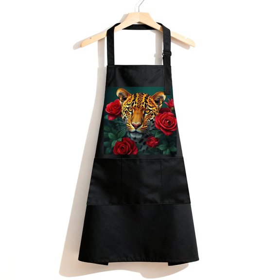 RKSupls Waterproof Bib Apron with 3 Pockets, Leopard Red Roses Portrait Adjustable Neck Strap Soft Polyester Water Resistant Apron for Kitchen Restaurant Home Use