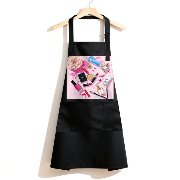 RKSupls Waterproof Bib Apron with 3 Pockets, Makeup Cosmetics Beauty Pink Adjustable Neck Strap Soft Polyester Water Resistant Apron for Kitchen Restaurant Home Use