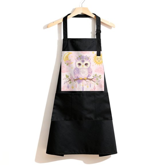 RKSupls Waterproof Bib Apron with 3 Pockets, Mystical Owl with Moon And Sun Adjustable Neck Strap Soft Polyester Water Resistant Apron for Kitchen Restaurant Home Use