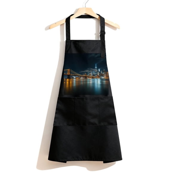 RKSupls Waterproof Bib Apron with 3 Pockets, New York City Night Skyline Bridge Adjustable Neck Strap Soft Polyester Water Resistant Apron for Kitchen Restaurant Home Use