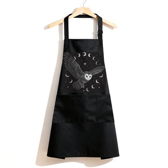 RKSupls Waterproof Bib Apron with 3 Pockets, Nocturnal Barn Owl Flying Through Moon Phases Adjustable Neck Strap Soft Polyester Water Resistant Apron for Kitchen Restaurant Home Use
