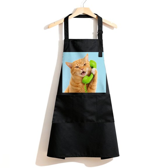 RKSupls Waterproof Bib Apron with 3 Pockets, Orange Cat on Green Phone Adjustable Neck Strap Soft Polyester Water Resistant Apron for Kitchen Restaurant Home Use