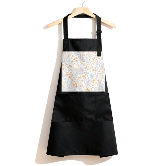 RKSupls Waterproof Bib Apron with 3 Pockets, Orange Lavender Field Adjustable Neck Strap Soft Polyester Water Resistant Apron for Kitchen Restaurant Home Use