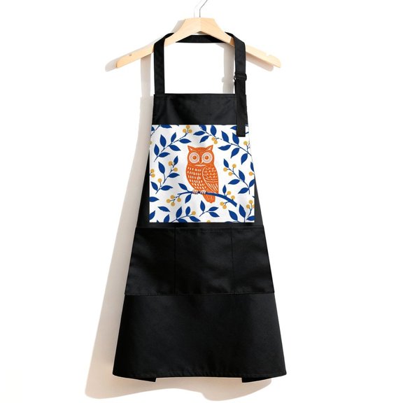 RKSupls Waterproof Bib Apron with 3 Pockets, Orange Owl On Branch Adjustable Neck Strap Soft Polyester Water Resistant Apron for Kitchen Restaurant Home Use