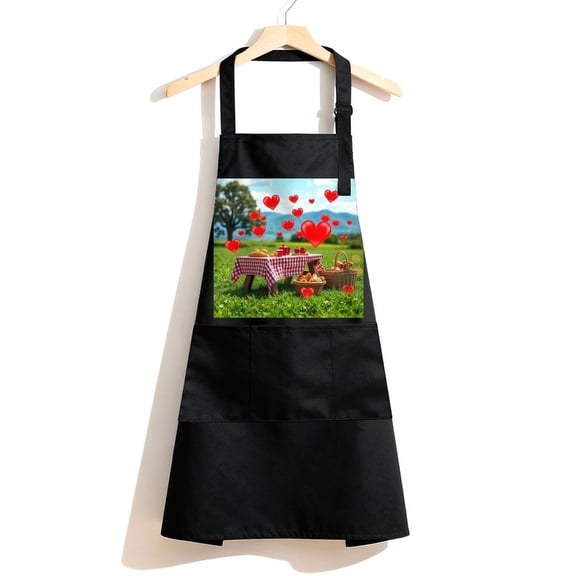 RKSupls Waterproof Bib Apron with 3 Pockets, Picnic Heart Love Adjustable Neck Strap Soft Polyester Water Resistant Apron for Kitchen Restaurant Home Use