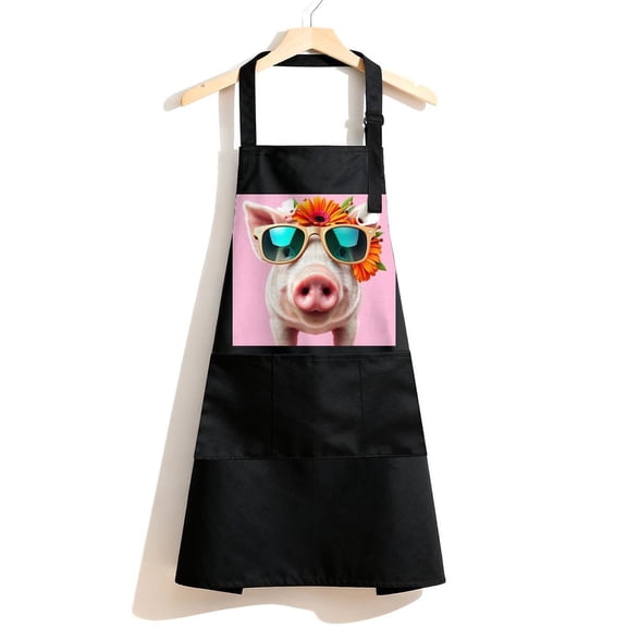 RKSupls Waterproof Bib Apron with 3 Pockets, Pig Sunglasses Flower Adjustable Neck Strap Soft Polyester Water Resistant Apron for Kitchen Restaurant Home Use
