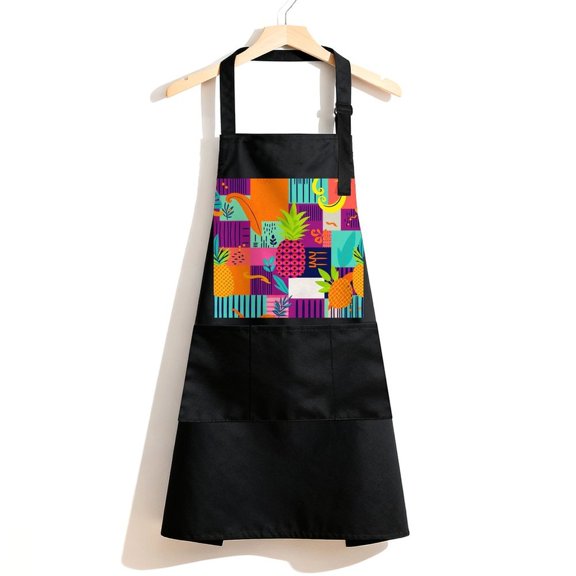 RKSupls Waterproof Bib Apron with 3 Pockets, Pineapple Geometric Blocks Colorful Adjustable Neck Strap Soft Polyester Water Resistant Apron for Kitchen Restaurant Home Use