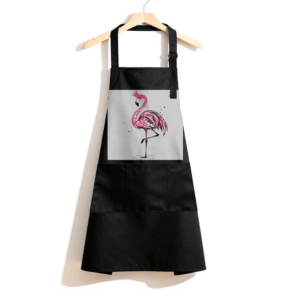RKSupls Waterproof Bib Apron with 3 Pockets, Pink Flamingo With Crown Adjustable Neck Strap Soft 100% Polyester Water Resistant Apron for Kitchen Restaurant Home Use