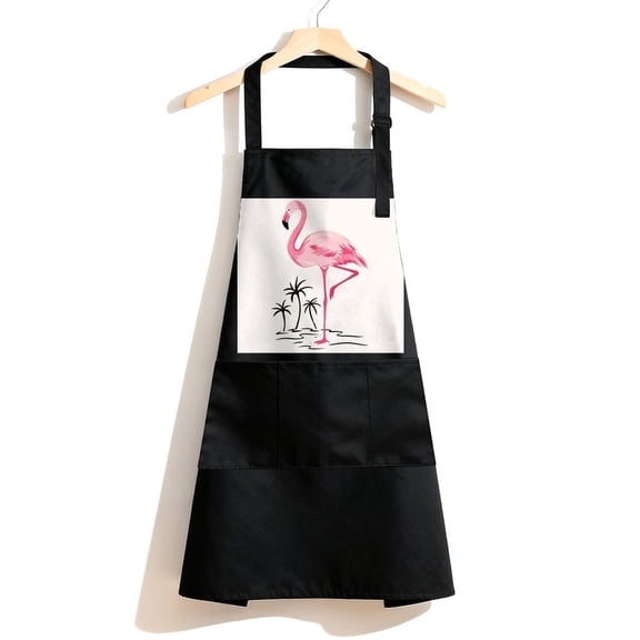 RKSupls Waterproof Bib Apron with 3 Pockets, Pink Flamingo With Palms Adjustable Neck Strap Soft 100% Polyester Water Resistant Apron for Kitchen Restaurant Home Use