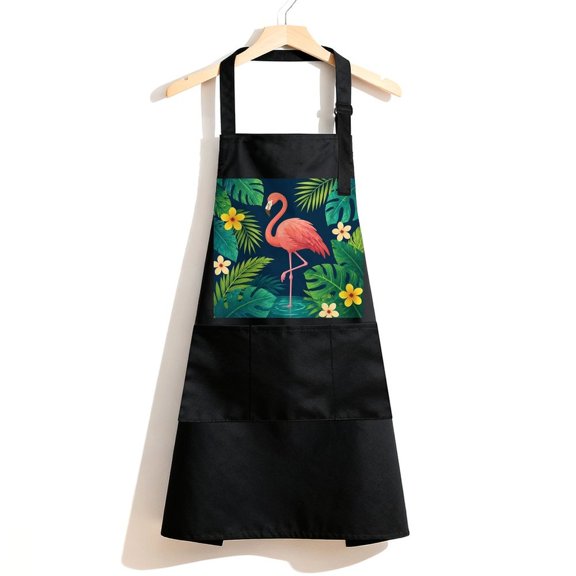 RKSupls Waterproof Bib Apron with 3 Pockets, Pink Flamingo Standing in Tropical Water Adjustable Neck Strap Soft 100% Polyester Water Resistant Apron for Kitchen Restaurant Home Use