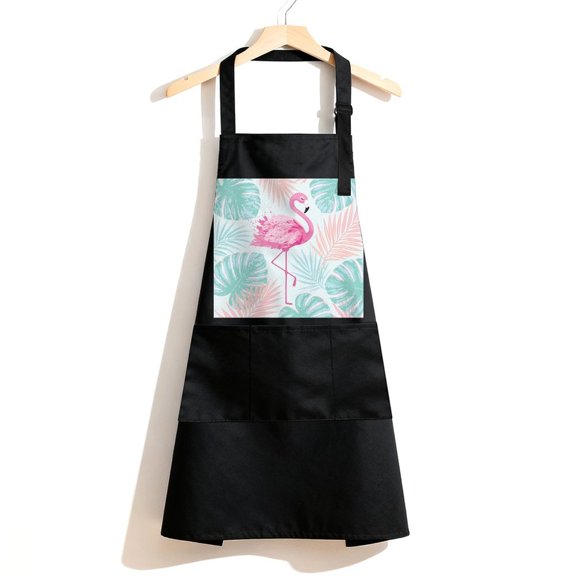 RKSupls Waterproof Bib Apron with 3 Pockets, Pink Flamingo Tropical Leaf Watercolor Adjustable Neck Strap Soft 100% Polyester Water Resistant Apron for Kitchen Restaurant Home Use