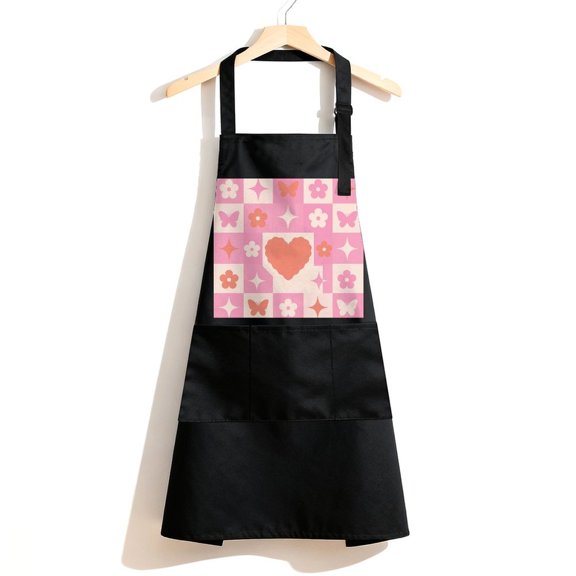 RKSupls Waterproof Bib Apron with 3 Pockets, Pink Floral Heart Grid Adjustable Neck Strap Soft Polyester Water Resistant Apron for Kitchen Restaurant Home Use