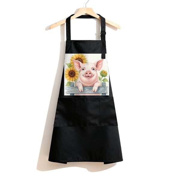RKSupls Waterproof Bib Apron with 3 Pockets, Pink Pig Sunflowers Adjustable Neck Strap Soft 100% Polyester Water Resistant Apron for Kitchen Restaurant Home Use