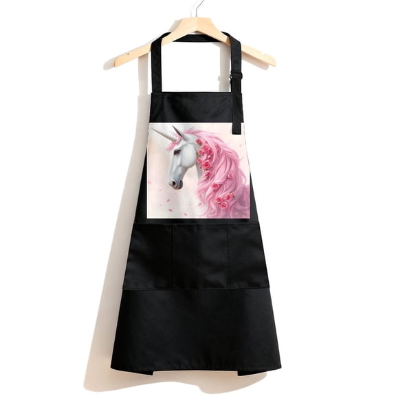 RKSupls Waterproof Bib Apron with 3 Pockets, Pink Unicorn Rose Adjustable Neck Strap Soft Polyester Water Resistant Apron for Kitchen Restaurant Home Use
