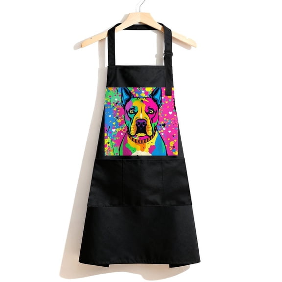 RKSupls Waterproof Bib Apron with 3 Pockets, Pop Art Dog Colorful Tapestry Adjustable Neck Strap Soft Polyester Water Resistant Apron for Kitchen Restaurant Home Use