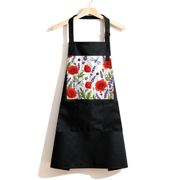 RKSupls Waterproof Bib Apron with 3 Pockets, Poppy Lavender Bee Dragonfly.png Adjustable Neck Strap Soft Polyester Water Resistant Apron for Kitchen Restaurant Home Use