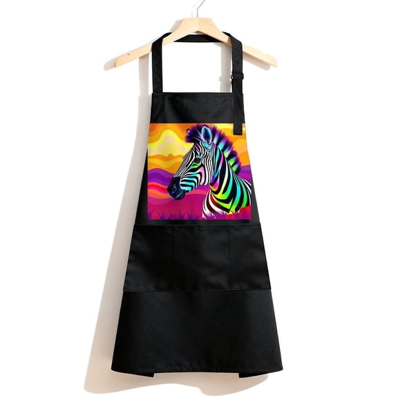 RKSupls Waterproof Bib Apron with 3 Pockets, Rainbow Zebra Animal Tapestry Adjustable Neck Strap Soft Polyester Water Resistant Apron for Kitchen Restaurant Home Use