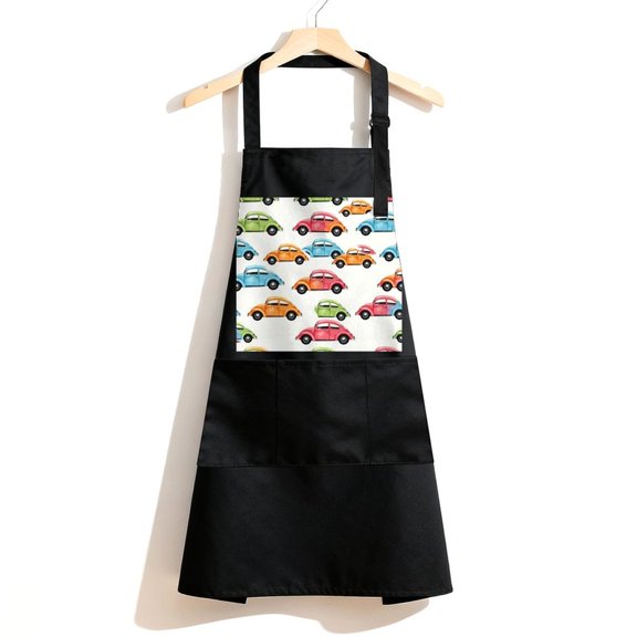 RKSupls Waterproof Bib Apron with 3 Pockets, Retro Cars Pattern Tapestry Adjustable Neck Strap Soft Polyester Water Resistant Apron for Kitchen Restaurant Home Use