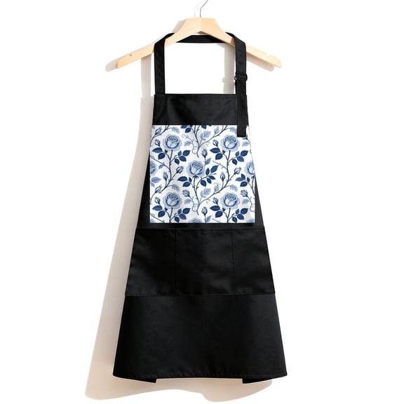 RKSupls Waterproof Bib Apron with 3 Pockets, Romantic Flowers with Leaves Adjustable Neck Strap Soft 100% Polyester Water Resistant Apron for Kitchen Restaurant Home Use
