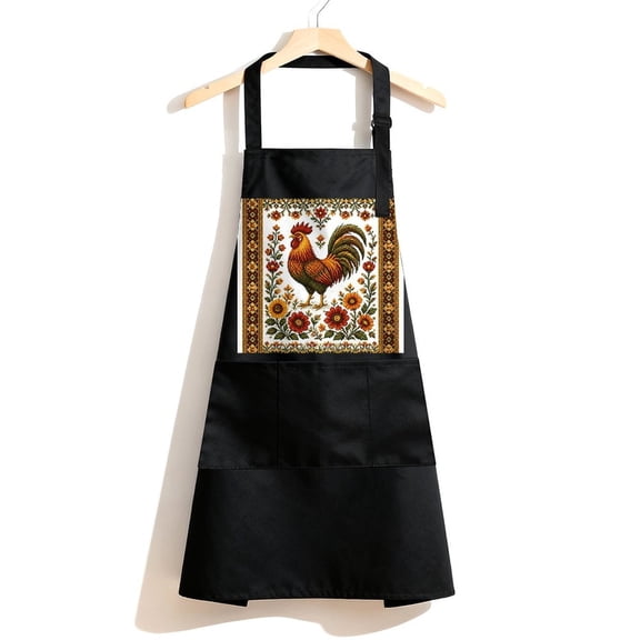 RKSupls Waterproof Bib Apron with 3 Pockets, Rooster Cross Stitch Adjustable Neck Strap Soft Polyester Water Resistant Apron for Kitchen Restaurant Home Use