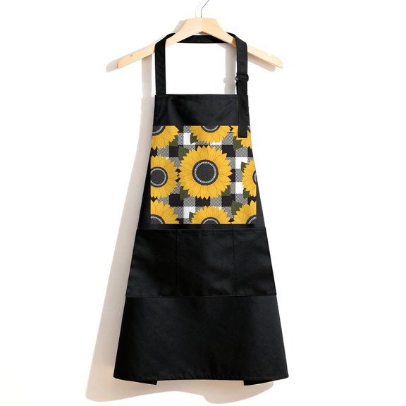 RKSupls Waterproof Bib Apron with 3 Pockets, Rustic Sunflower Adjustable Neck Strap Soft 100% Polyester Water Resistant Apron for Kitchen Restaurant Home Use