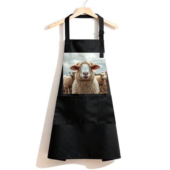 RKSupls Waterproof Bib Apron with 3 Pockets, Sheep Farm Animal Wool Portrait Adjustable Neck Strap Soft Polyester Water Resistant Apron for Kitchen Restaurant Home Use