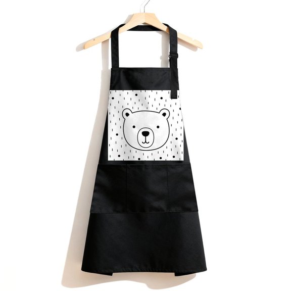 RKSupls Waterproof Bib Apron with 3 Pockets, Simple Bear Face Doodle Adjustable Neck Strap Soft Polyester Water Resistant Apron for Kitchen Restaurant Home Use