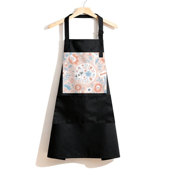 RKSupls Waterproof Bib Apron with 3 Pockets, Sleeping Cat Flower Garden Adjustable Neck Strap Soft Polyester Water Resistant Apron for Kitchen Restaurant Home Use