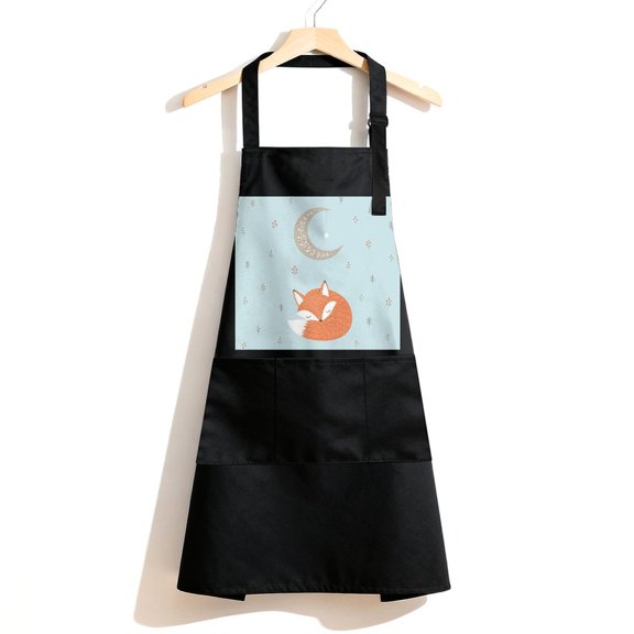 RKSupls Waterproof Bib Apron with 3 Pockets, Sleeping Fox Moon Adjustable Neck Strap Soft Polyester Water Resistant Apron for Kitchen Restaurant Home Use