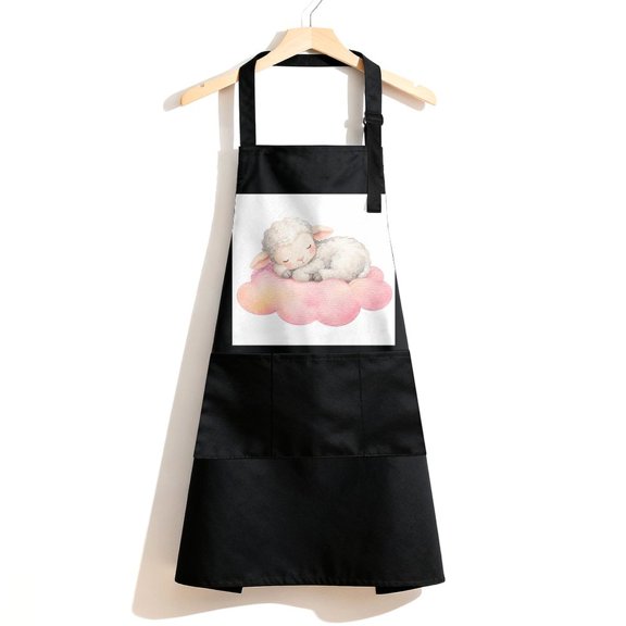 RKSupls Waterproof Bib Apron with 3 Pockets, Sleeping Lamb Cloud Adjustable Neck Strap Soft Polyester Water Resistant Apron for Kitchen Restaurant Home Use