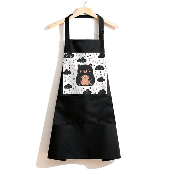 RKSupls Waterproof Bib Apron with 3 Pockets, Sleepy Bear In Rain Adjustable Neck Strap Soft Polyester Water Resistant Apron for Kitchen Restaurant Home Use