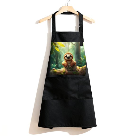 RKSupls Waterproof Bib Apron with 3 Pockets, Sloth Forest Animal Tapestry Adjustable Neck Strap Soft Polyester Water Resistant Apron for Kitchen Restaurant Home Use