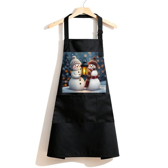 RKSupls Waterproof Bib Apron with 3 Pockets, Snowman Friends Lantern Glow Adjustable Neck Strap Soft Polyester Water Resistant Apron for Kitchen Restaurant Home Use