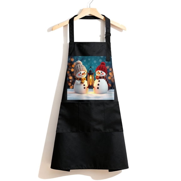 RKSupls Waterproof Bib Apron with 3 Pockets, Snowman Lantern Winter Cute Adjustable Neck Strap Soft Polyester Water Resistant Apron for Kitchen Restaurant Home Use