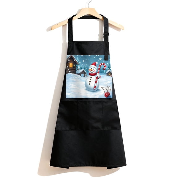 RKSupls Waterproof Bib Apron with 3 Pockets, Snowman Winter Christmas Tapestry Adjustable Neck Strap Soft Polyester Water Resistant Apron for Kitchen Restaurant Home Use