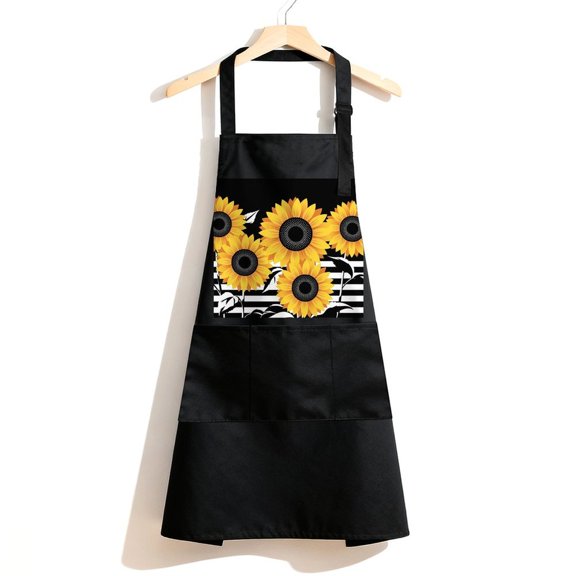 RKSupls Waterproof Bib Apron with 3 Pockets, Stylish Sunflowers Adjustable Neck Strap Soft 100% Polyester Water Resistant Apron for Kitchen Restaurant Home Use