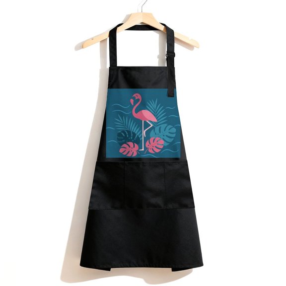RKSupls Waterproof Bib Apron with 3 Pockets, Stylized Flamingo With Monstera Leaves Adjustable Neck Strap Soft 100% Polyester Water Resistant Apron for Kitchen Restaurant Home Use