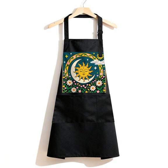 RKSupls Waterproof Bib Apron with 3 Pockets, Sun Moon Star Flowers Adjustable Neck Strap Soft 100% Polyester Water Resistant Apron for Kitchen Restaurant Home Use
