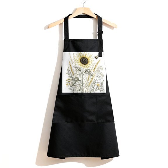 RKSupls Waterproof Bib Apron with 3 Pockets, Sunflower And Bee Botanical Sketch Adjustable Neck Strap Soft Polyester Water Resistant Apron for Kitchen Restaurant Home Use