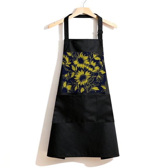 RKSupls Waterproof Bib Apron with 3 Pockets, Sunflower Botanical Pattern Adjustable Neck Strap Soft Polyester Water Resistant Apron for Kitchen Restaurant Home Use